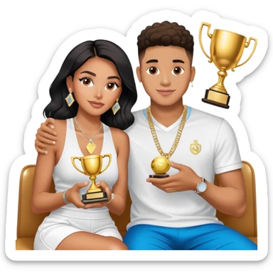 Breaking news Internet celebrity Josh King Madrid jetset wearing shiny diamond earrings and sparkly iced out diamond tennis necklace chains with Instagram model girl tefi valenzuela sitting with him holding gold internet celebrity trophy on tv show in Miami sticker
