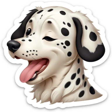 Cinematic Cute Yawning Spotted Dalmatian Portrait Emoji, Head tilted slightly with a dramatic, wide-open yawn, showcasing a smooth Fur of predominantly white with bold black patches, floppy ears slightly drooping, round eyes barely open in drowsy contentment, Simplified yet irresistibly adorable features, highly detailed, glowing with a soft, cozy glow, high shine, relaxed yet expressive, stylized with a touch of whimsy, bright and endearing, soft glowing outline, capturing the essence of a sleepy yet affectionate guardian, so drowsy it feels like it could stretch out of the screen and curl up for a nap! sticker