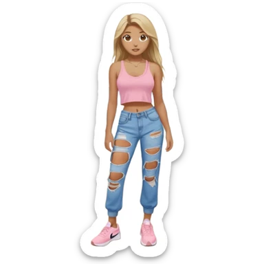 preppy teenage girl, blue eyes, tan, less blonde highlights, brown long hair, long eyelashes, beach aesthetic, wearing cute clothes, wearing ripped blue longer baggy jeans with a light pink sexy revealing low neck crop top, wearing Nike shoes, very sexy, very long eyelashes, very pretty sticker