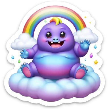 3D, Kawaii derpy fat rainbow monster sitting on a magic rainbow hued cloud, rich textures, visually detailed, so lifelike that it feels like it could leap off the page at any moment sticker