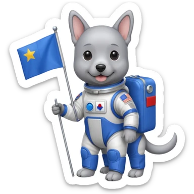 a gray dog in space suit, holding blue rectangle flag, full body, front view sticker