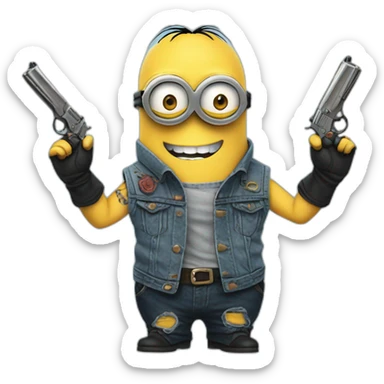 minion in a sleeveless denim jacket with tattoos on hands and in black gloves with pistols sticker
