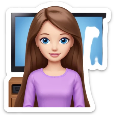 beautiful barbie girl with long brown hair, blue eyes and wearing light purple clothes watching netflix on tv sticker