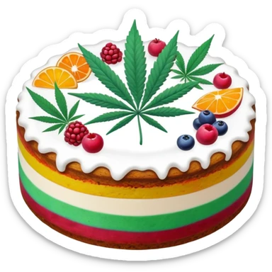 colorful frosted fruit cake with cannabis leaf sticker