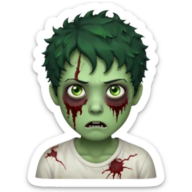zombie character with green skin, messy short curly black hair, and no glasses. Give him large expressive eyes, a slightly frightened or eerie expression, subtle wounds, dark under-eye shadows, and a few cracks or dried blood marks on the face.  white shirt and no bleeding eyes **BLACK HAIR** sticker