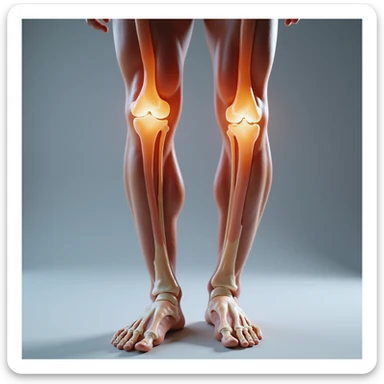 hyperrealistic 4K anatomical view of valgus knee, man's legs, knees touching and ankles separated, bones and joint highlighted, white background, valgus deviation clearly visible, variant 8 with slightly changed overall body position sticker