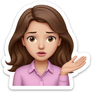girl with wavy long brown hair, brown eyes, light to medium complexion, long lashes, light pink lipstick, wearing light pink shirt, shrugging with both hands, confused sticker