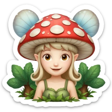mushroom fairy portrait, head and shoulders only, wearing a large mushroom cap hat, tiny glowing wings visible behind shoulders, cute magical smile, forest fantasy vibe, 3D cartoon, mobile game icon style, clean background, no text, no watermark sticker
