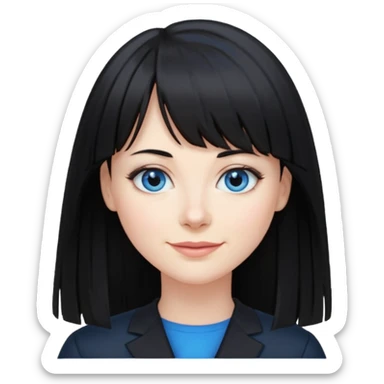 40 yr old woman long straight black hair, pale skin, blue eyes, black clothes, small smile, bangs sticker