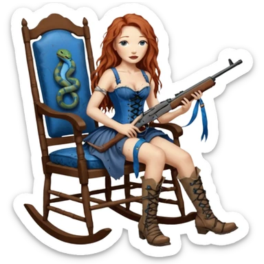 realistic cinematic Tori Amos sits on a rocking chair in a torn corset, holding an antique rifle and her bare feet are muddy. A blue snake is wrapped around the chair. sticker