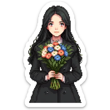 beautiful girl with long black hair wearing a black coat holding a bouquet of flowers sticker
