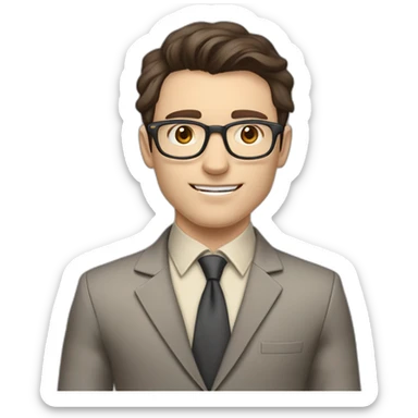 Pale skinned fit man with dark brown hair in gray jacket, beige office shirt, brown tie, brown pants and vintage glasses Writing on the flipchart sticker