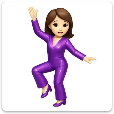Make the woman do the exact pose of the 🕺🏻 emoji (one arm up, one arm out, one leg bent), keep white skin, brown hair, sparkly jumpsuit, emoji style sticker
