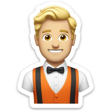 british white guy with orange side part, buck teeth, bowtie, and red vest sticker