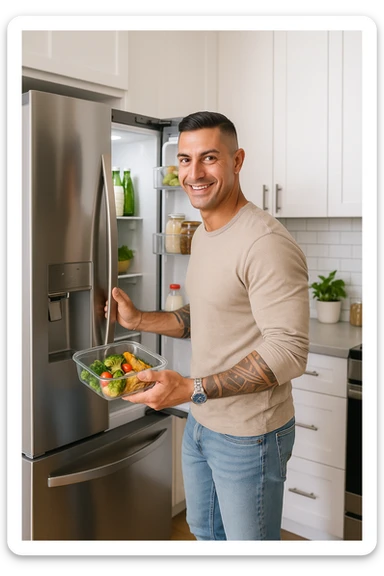 Uomo che mette nel frigo il suo pasto cucinato sticker