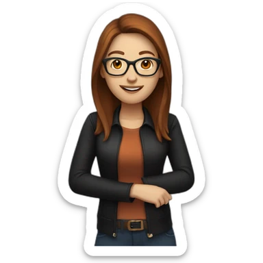 white woman with glasses with long straight brown hair waving wearing a dark orange shirt and black jacket sticker