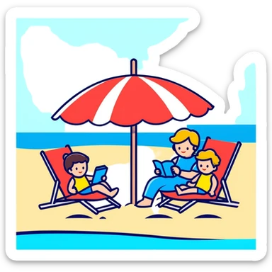 family relaxing under a beach umbrella sticker