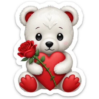 Cute white teddy bear with sad puppy dog eyes holding roses  sticker
