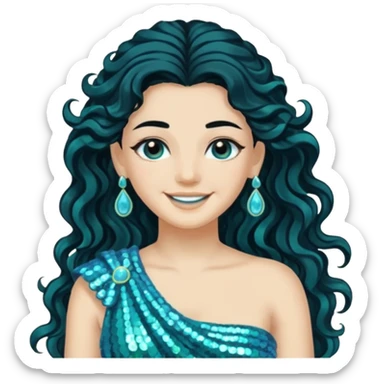 Salacia, Goddess of Seawater from Roman Deities with long jet black wavy hair, aquamarine sequin toga  sticker