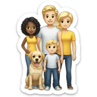 A familia husband and wife a boy of 7 with blond hair another boy of 5 with black hair a baby girl 14 month with blond curly hair, a yellow Labrador and a white pugg sticker
