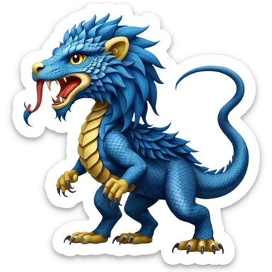 Mušḫuššu, ancient Mesopotamian hybrid, blue scaled body, lion mane, lion forelegs, eagle hind legs, long neck, head half dragon half lion, lizard tail, snake tongue, no wings, divine and terrifying sticker