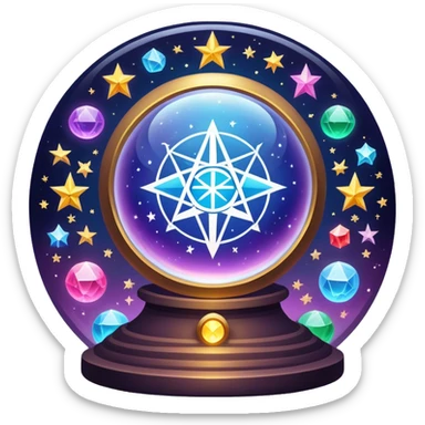 vibrant and mystical icon representing divination and esotericism. The icon should feature symbols like a crystal ball, tarot cards, or mystical runes, with glowing effects, stars, and a magical atmosphere. The design should be colorful, magical, and evoke a sense of mystery and spirituality. sticker