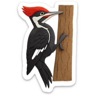 very detailed Pileated Woodpecker perched on a tree trunk, intricate cut paper textures, bold black and white feathers, bright red crest, realistic markings sticker