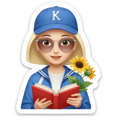 ["A happy girl with light skin, bald, wearing a baseball cap and sunglasses, dressed in K-pop fashion, is reading a book while holding a flower bouquet."] sticker