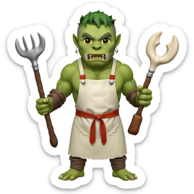orc make Apron with "Kiss the Cook" (scratched out, replaced with "Fear the Cook"), giant rib bone as a weapon. sticker