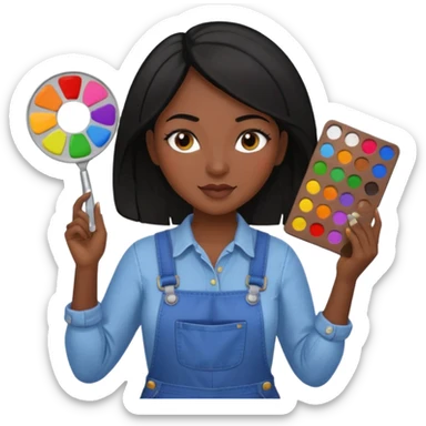 Créame emoji de una mujer que sea diseñadora industrial, pelo negra, piel morena, femenina con overol y una paleta de colores o herramientas de taller piel oscura chocolate  sticker