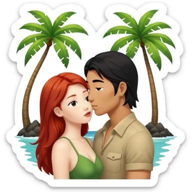 long black haired asian guy kisses redhead girl on island sticker