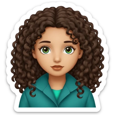 Girl with olive skin, teal eyes, dark brown  loose curly long hair, no coat sticker