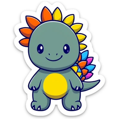 A cartoon baby stegosaurus toy with a cute onesie and tiny colorful spikes sticker