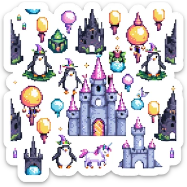 penguin wizard with magical sparkles, a unicorn, fairy, and tiny goblin companion in a pixelated fantasy world with a floating castle sticker