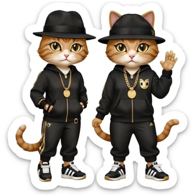 female cat dressed like Run DMC with tracksuit, fedora, Adidas shoes, lots of gold chains, rings, bracelets, earrings, eyes averted, talking to a friend, no sunglasses sticker