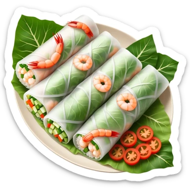 Cinematic Realistic Vietnamese Summer Rolls Dish Emoji, depicted with delicate rice paper wraps filled with fresh vegetables and shrimp rendered with crisp textures and refreshing lighting. sticker