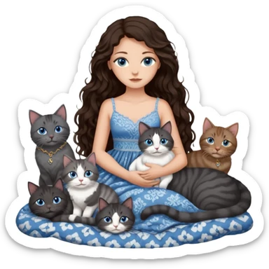 detailed realistic looking a dark grey and white cat regally laying with six other cats, cuddling with their owner in bed who is a pretty bratz lightly tanned white girl with long dark brown hair, blue eyes and gorgeous long wavy hair wearing a pretty detailed dress sticker