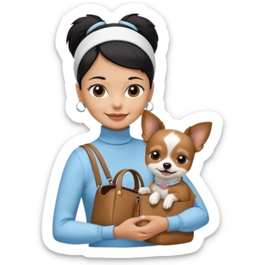 tan skin woman, with very short black hair in a slicked back ponytail with forehead showing, with white headband, wearing solid pastel blue turtleneck shirt, smiling carrying dark brown-white furry fuzzy chihuahua papillon dog inside dog purse sticker