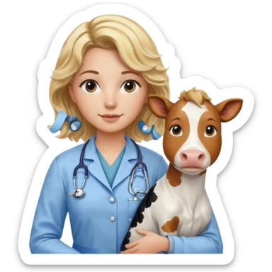 Joven mujer, de cabello bajo los hombros rubio con ondas y partidura al medio.  veterinaria de perros, vacas y caballos, con traje clínico celeste, sin delantal blanco sticker