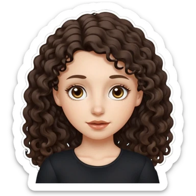 Aesthetic white girl with long curly hair color dark brown (almost black, but more brownish), hair most be in front of the shoulders. Big almond shape eyes color brown, small wide nose, natural lips, sweet expression. Dressed with a cute tight top color black. sticker