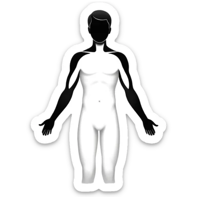 minimalist b&w male silhouette with flowing black-and-white curves across the lower body, now overlaid with a small, softly glowing spark or radiant light near the chest or head — symbolizing inspiration, inner fire, and creative energy awakening” sticker