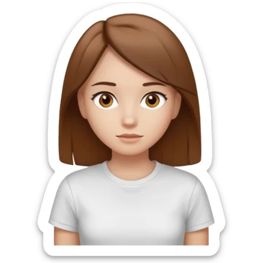 Chica de pelo liso y marrón con ojos color marrón claro y una camiseta blanca y la piel blanca sticker