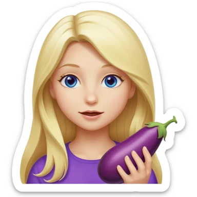 Blonde long hair girl, blue eyes, eating an eggplant sticker