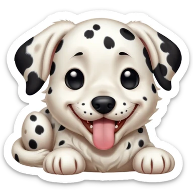 Cinematic Cute Yawning Spotted Dalmatian Portrait Emoji, Head tilted slightly with a dramatic, wide-open yawn, showcasing a smooth Fur of predominantly white with bold black patches, floppy ears slightly drooping, round eyes barely open in drowsy contentment, Simplified yet irresistibly adorable features, highly detailed, glowing with a soft, cozy glow, high shine, relaxed yet expressive, stylized with a touch of whimsy, bright and endearing, soft glowing outline, capturing the essence of a sleepy yet affectionate guardian, so drowsy it feels like it could stretch out of the screen and curl up for a nap! sticker