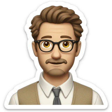 wes anderson character of a 40-year old man with short quiff and hipster beard, brown hair with a bit of grey, white oxford collar shirt all buttoned up (no tie) sticker