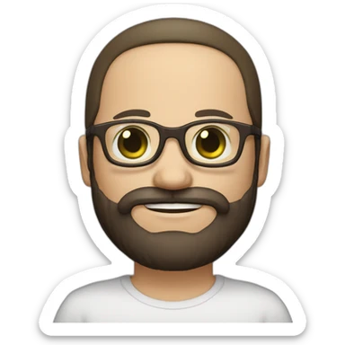 round-faced white man with a full dark brown beard, side parted dark brown hair, square glasses, olive-green eyes, white skin sticker