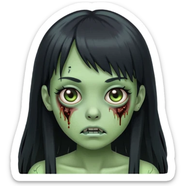Zombie emoji girl, light green skin, black straight long hair with bangs sticker