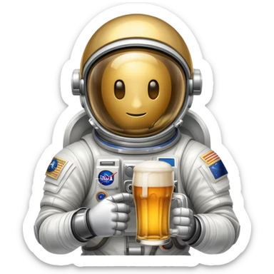 a full astronaut space suit with a pint of delicious beer inside it instead of a human, the glass of beer visible through the helmet sticker