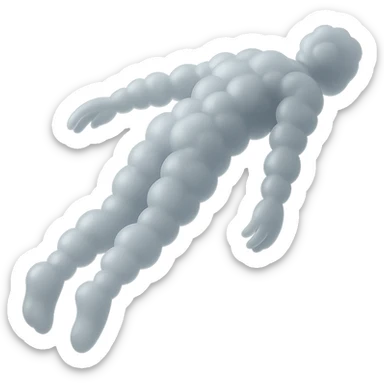 side view of unconscious person flying upwards by torso, legs and arms downwards, made of small very bright white fluffy convex clouds, matte glass style sticker