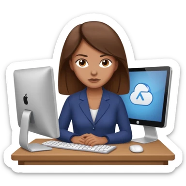 Uma mulher de cabelo castanho que é professora e um pouco brava a trabalhar no computador sem usar óculos sticker